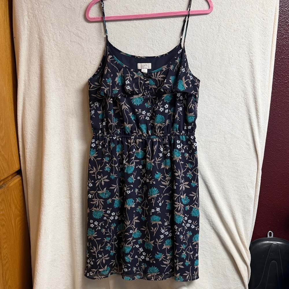 LOFT Navy Dress with Teal and Cream Floral Trim